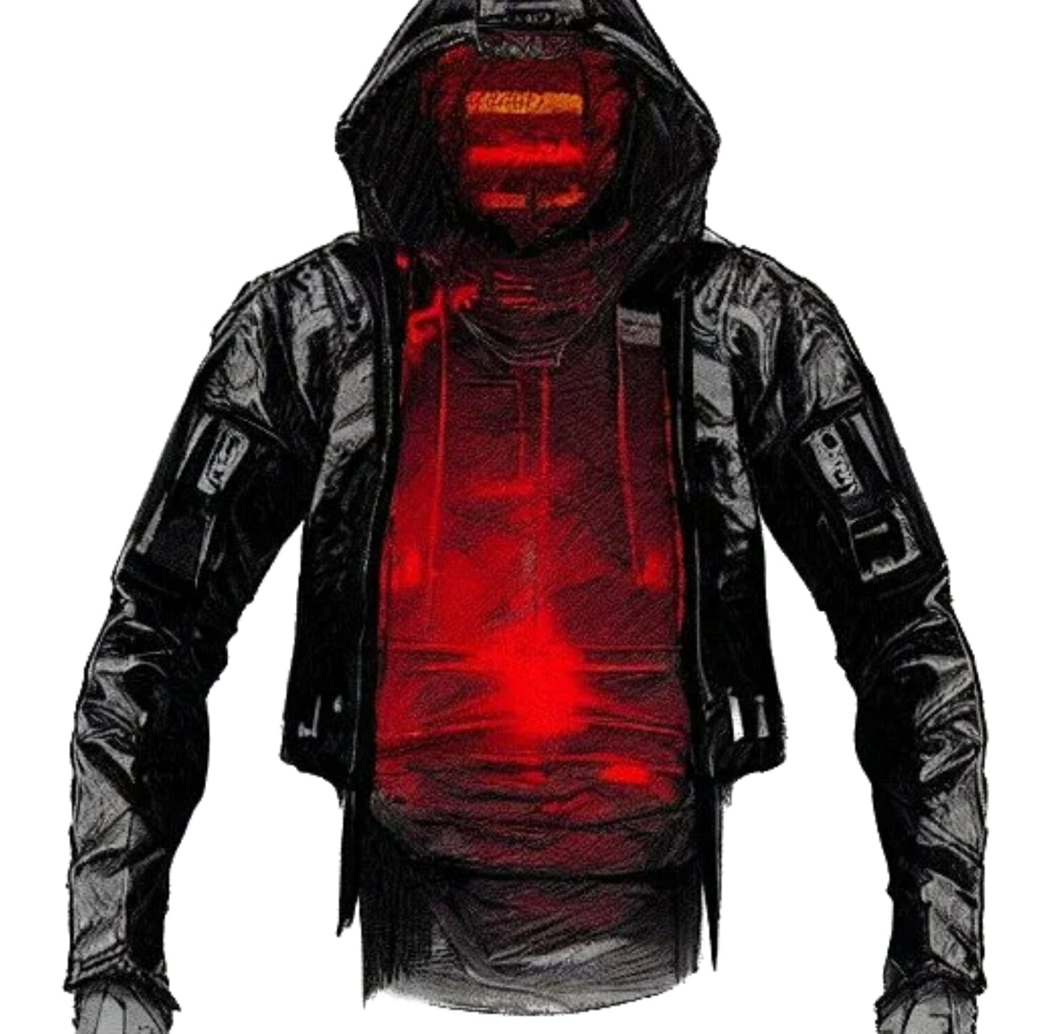 A drawing of a hooded jacket with a red light on it, resembling a heated windbreaker.