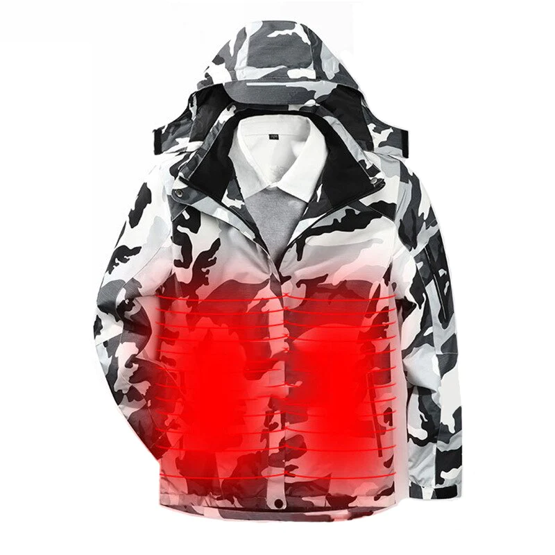 Heated camouflage jacket to keep warm in freezing winter even stay outdoors