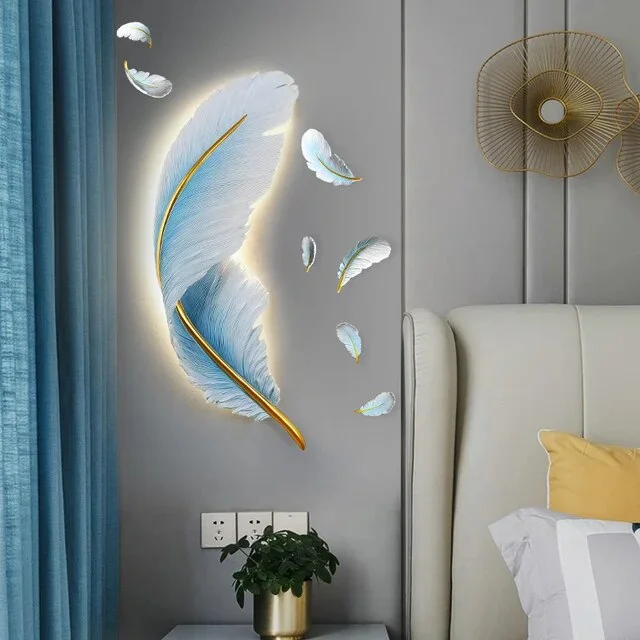 Blue feather wall light to decorate the plain wall