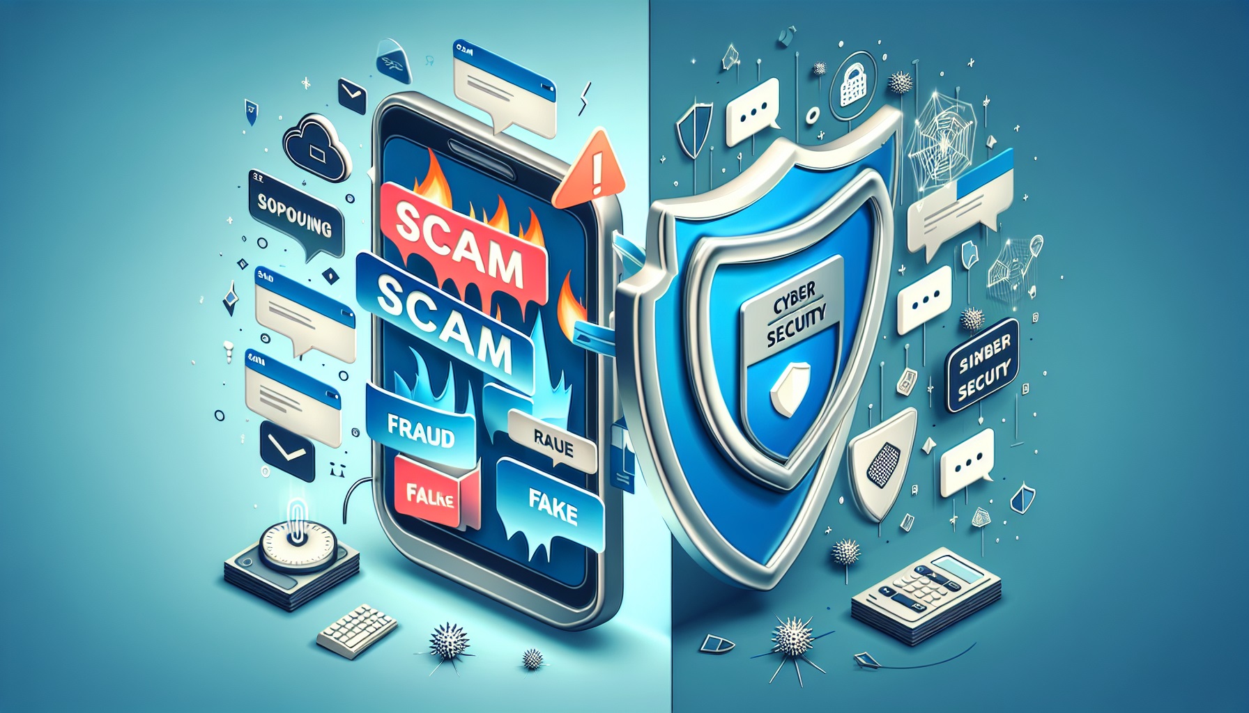 Illustration of a phone displaying warnings like "Scam" and "Fraud," alongside a shield labeled "Cyber Security," symbolizing online threats like SMS spoofing and security measures to combat dangers such as fake messages mimicking Binance alerts.