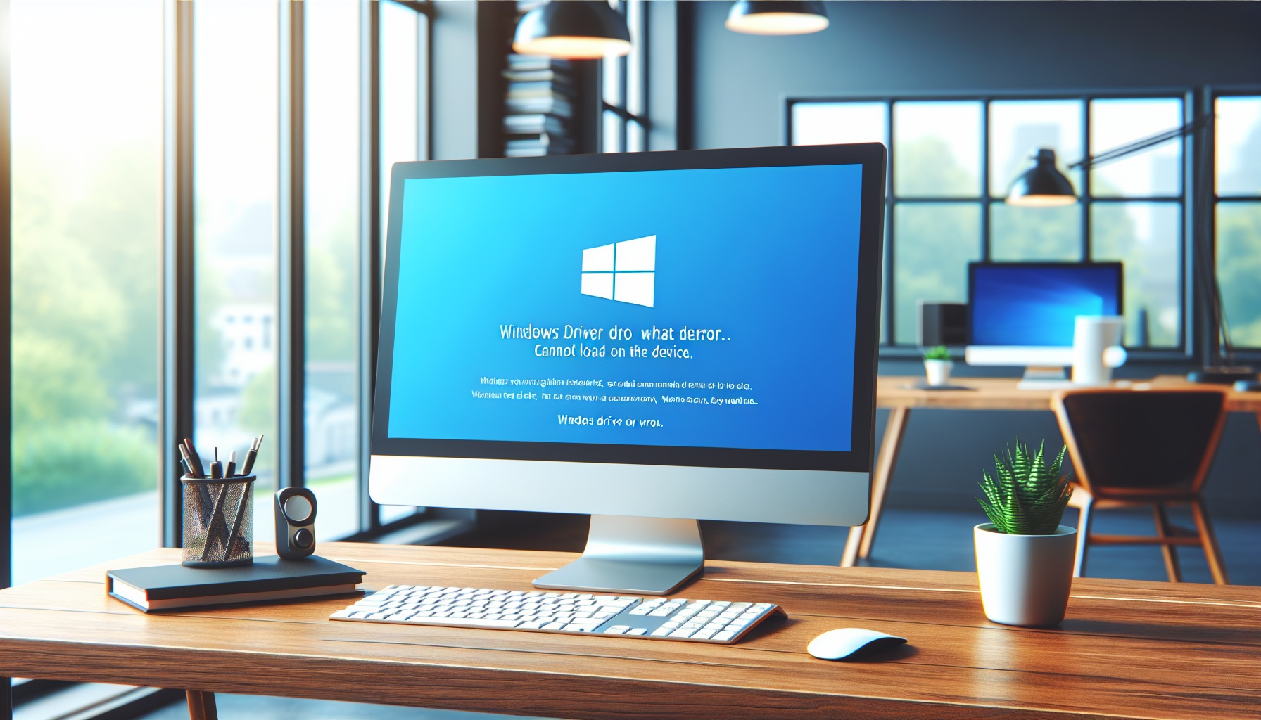 A computer screen showcases a Windows driver error message alongside WD Security, set on a wooden desk with a keyboard, mouse, and office supplies. The bright, modern office features large windows in the background, creating an airy atmosphere enhanced by the light streaming in.
