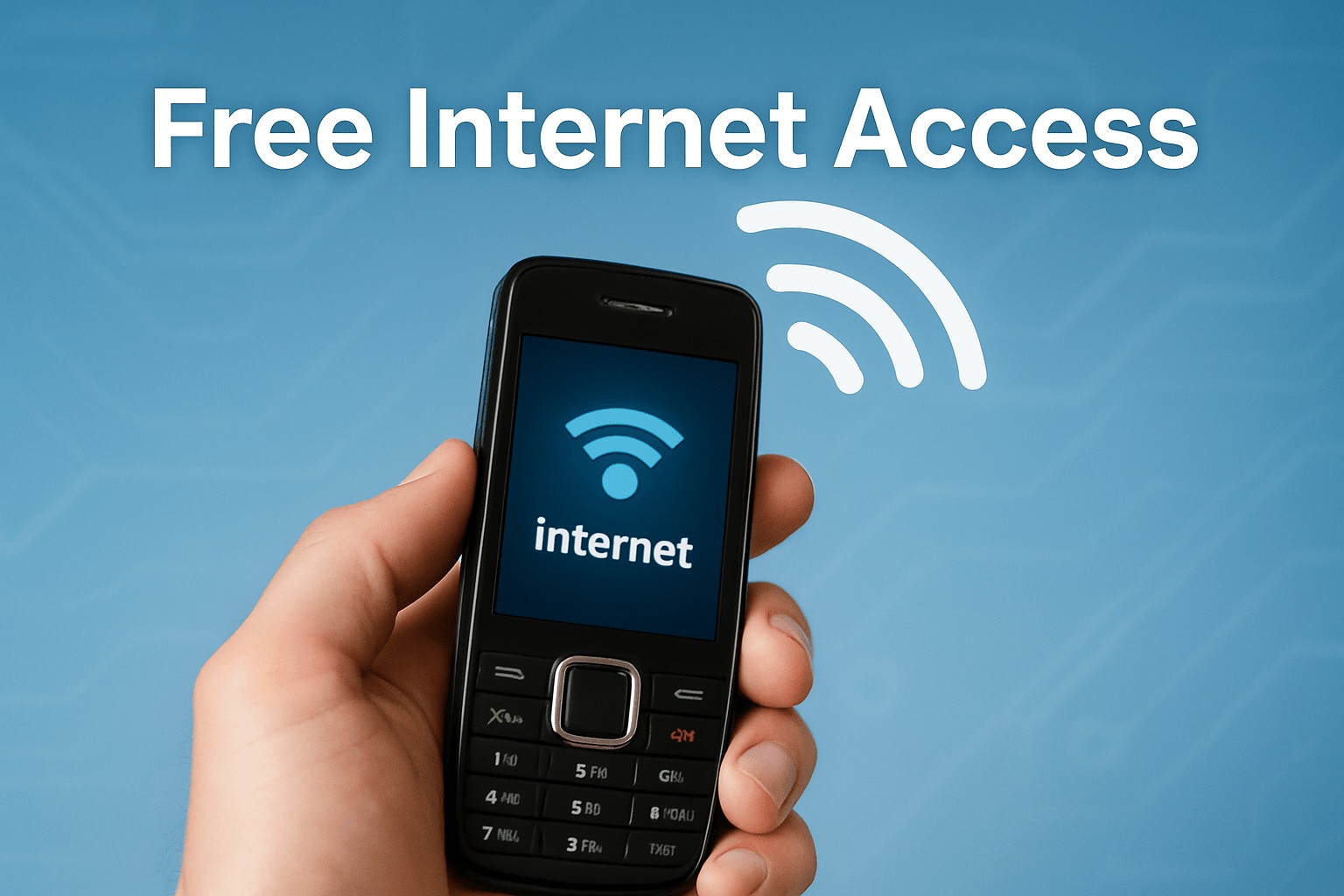 A hand holds a mobile phone displaying a Wi-Fi symbol and the word "internet," with the text "Free Internet Access" above on a blue background, highlighting free internet with no SIM card needed.
