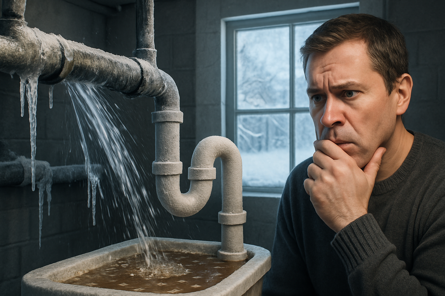A man looks concerned at a leaking pipe in a basement, with water pouring out and icicles visible on the pipes, indicating cold winter conditions outside.