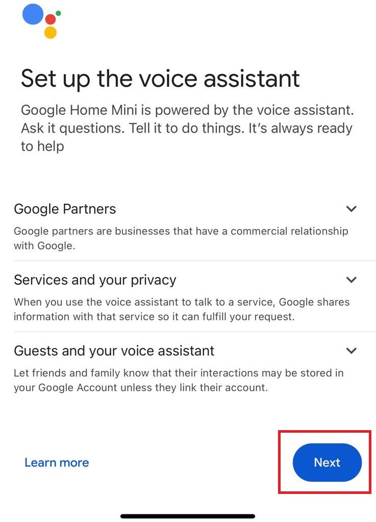 Google Home Mini voice assistant setup screen with information about Google Partners, privacy, guests, and a prominent blue "Next" button in the bottom right corner.