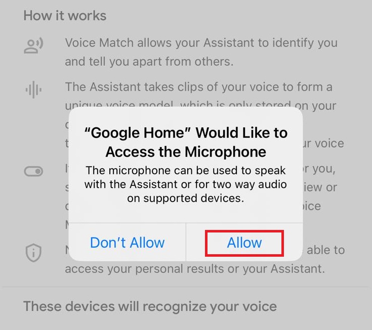 A pop-up window asks for permission for Google Home to access the microphone, with "Don't Allow" and "Allow" options at the bottom.