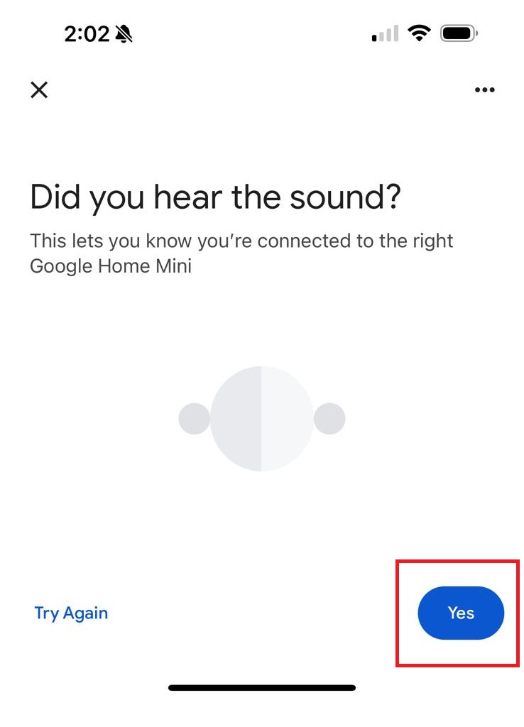 A phone screen displays a Google Home Mini setup prompt asking, "Did you hear the sound?" with "Try Again" and "Yes" buttons visible.
