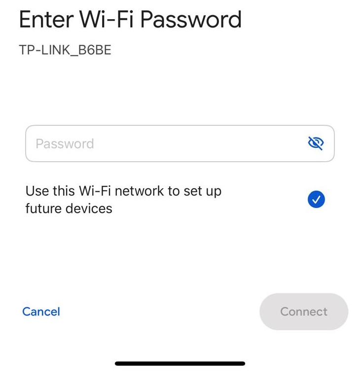 A Wi-Fi password entry screen for the network "TP-LINK_B6BE," featuring password input, a checkbox, and options to cancel or connect.