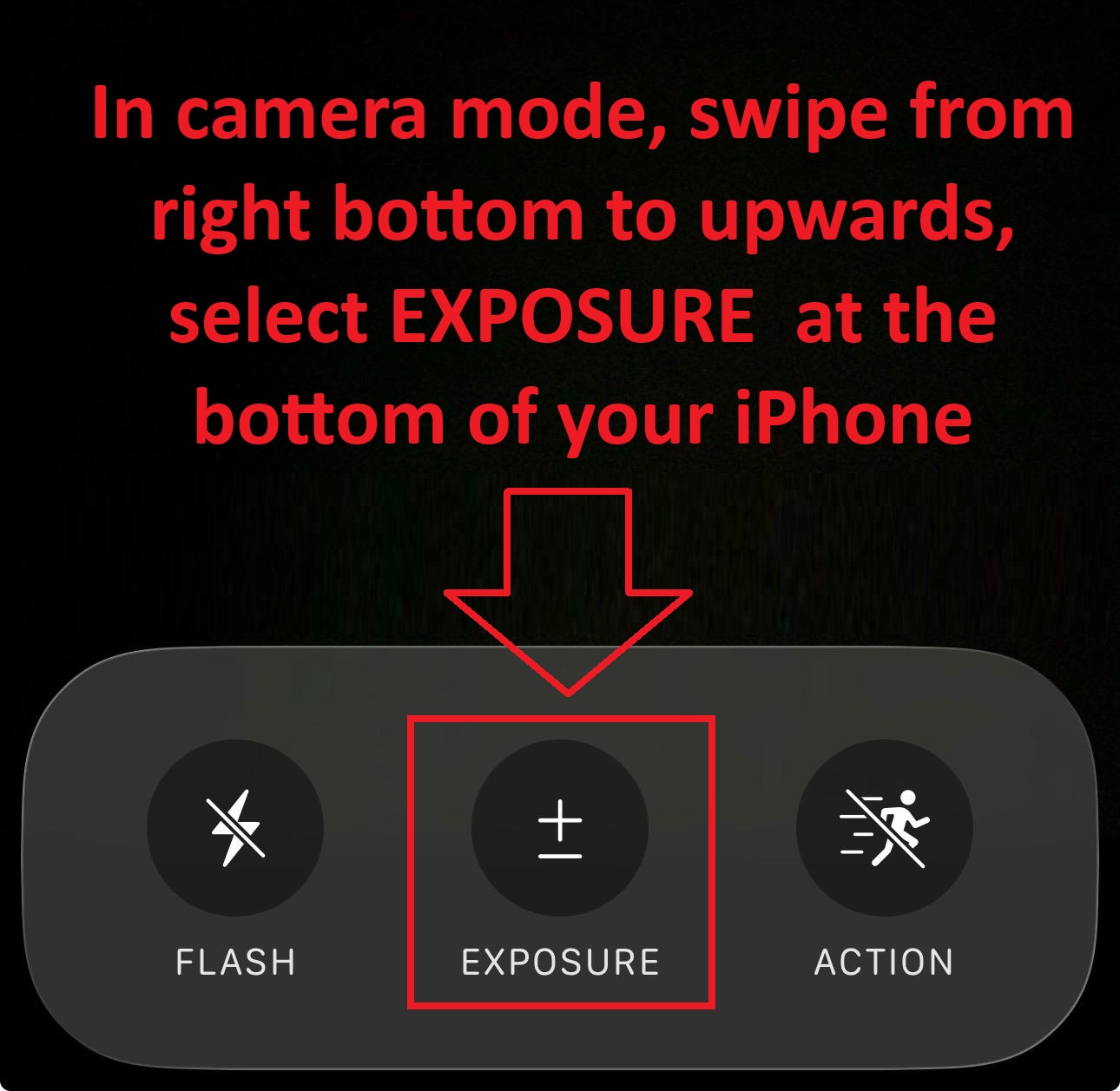 IPhone camera interface showing instructions to swipe up from the bottom and select the "Exposure" option, highlighted in the center of the screen.